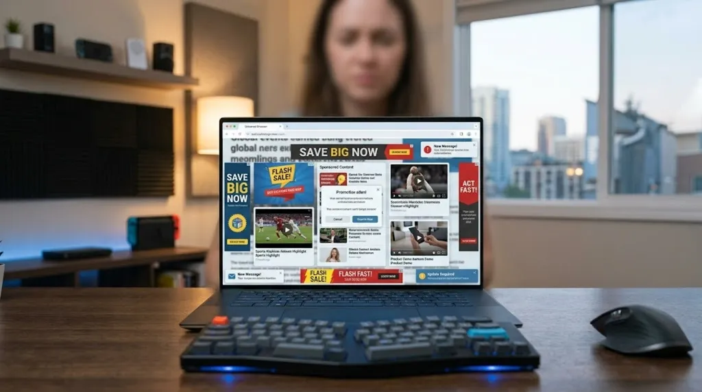 A laptop on a desk showing a news page crowded with flash-sale banners, sponsored blocks, video adverts and pop-up notifications