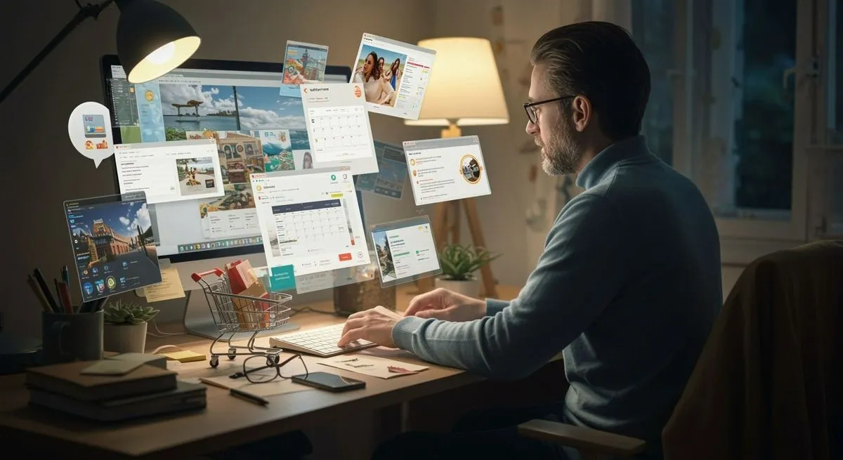 A man at a desk in the evening, surrounded by floating browser windows, banner adverts and promotional cards hovering above his monitor